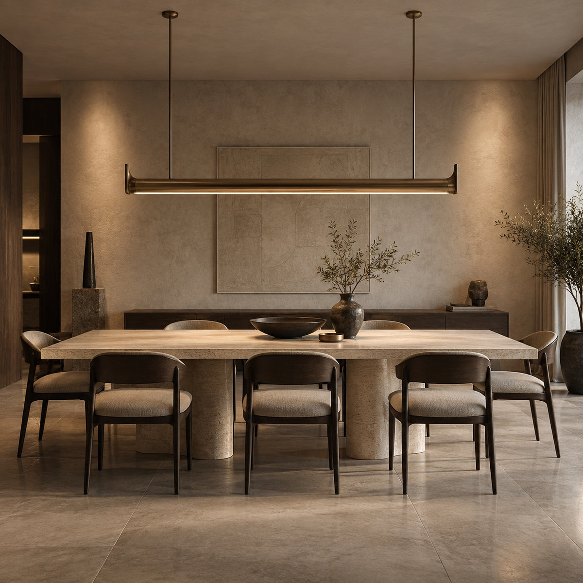 Éclairage contemporain d’une salle à manger en travertin — Luce Milano