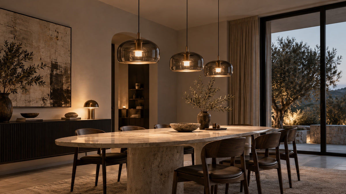 Trois suspensions en verre fumé au-dessus d'une table en pierre Image