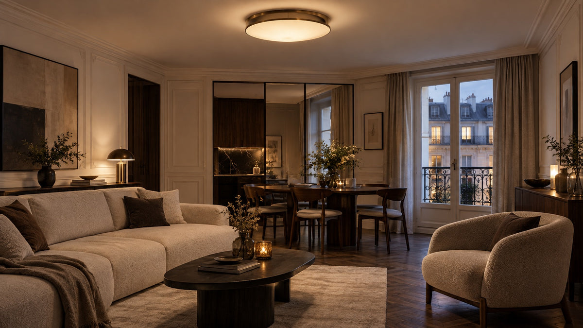 Plafonnier fin et diffus dans un appartement contemporain au plafond bas Image