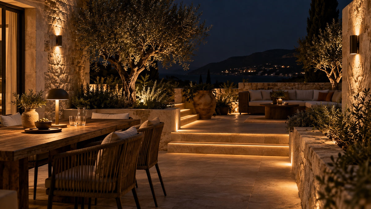 Terrasse méditerranéenne éclairée par zones sans éblouissement