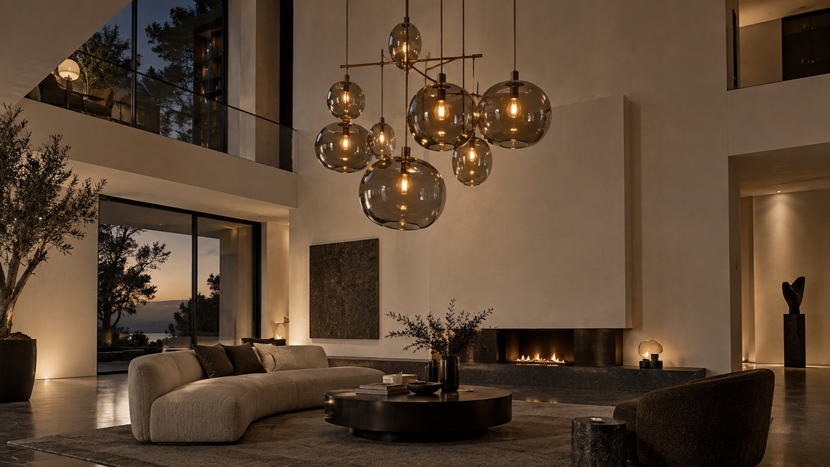 Lustre moderne en verre fumé dans un salon contemporain double hauteur