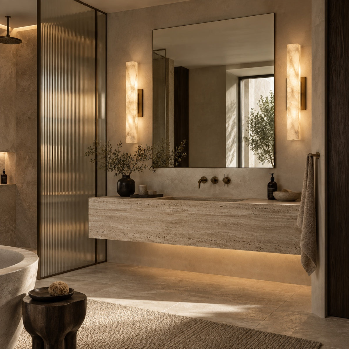 Appliques en albâtre dans une salle de bain en pierre — Luce Milano