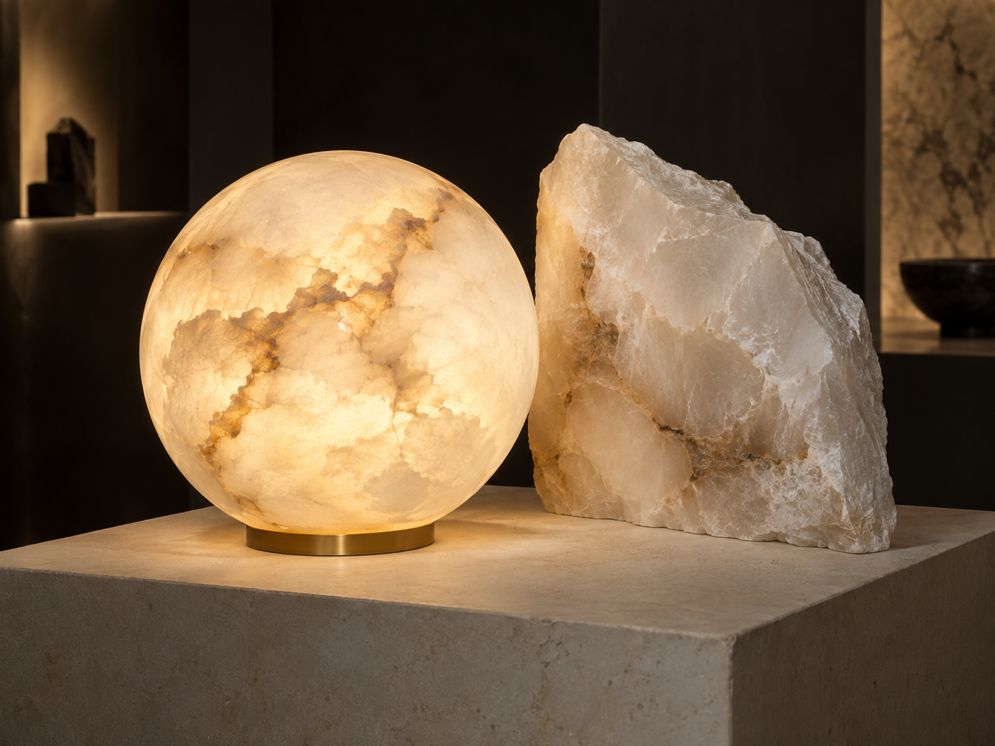 Diffuseur lumineux et bloc brut en albâtre veiné