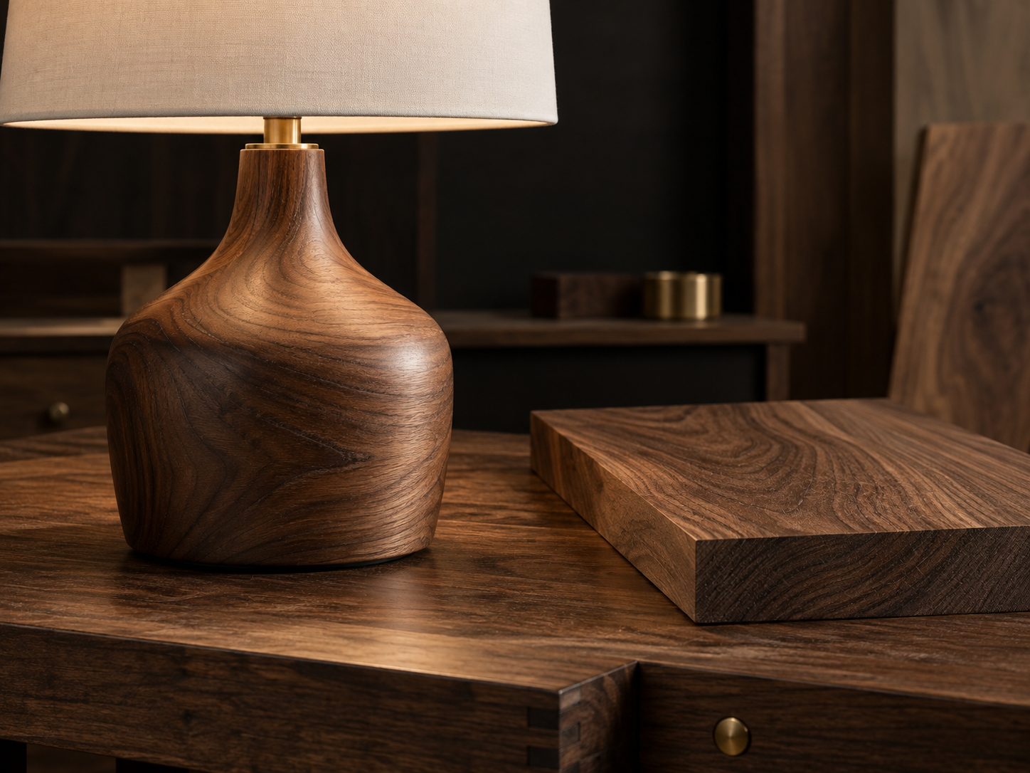 Corps de lampe en noyer et échantillon montrant le fil du bois