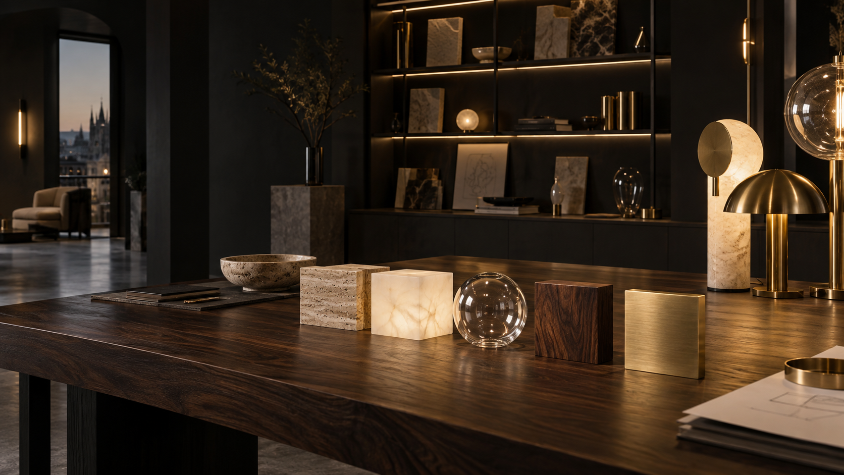 Atelier Luce Milano présentant le travertin, l’albâtre, le verre, le bois et le laiton