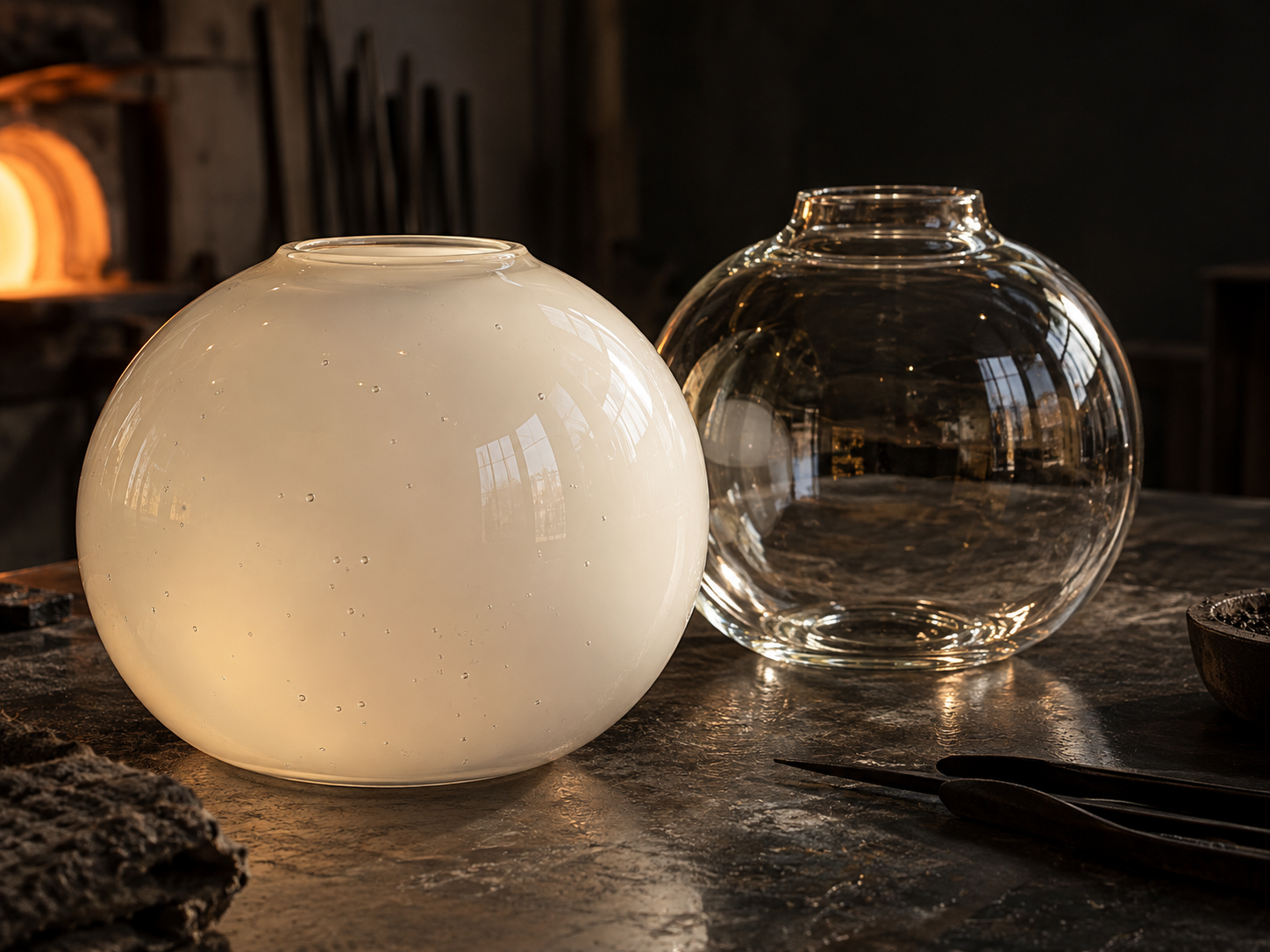 Diffuseurs en verre transparent et opalin présentant des variations artisanales