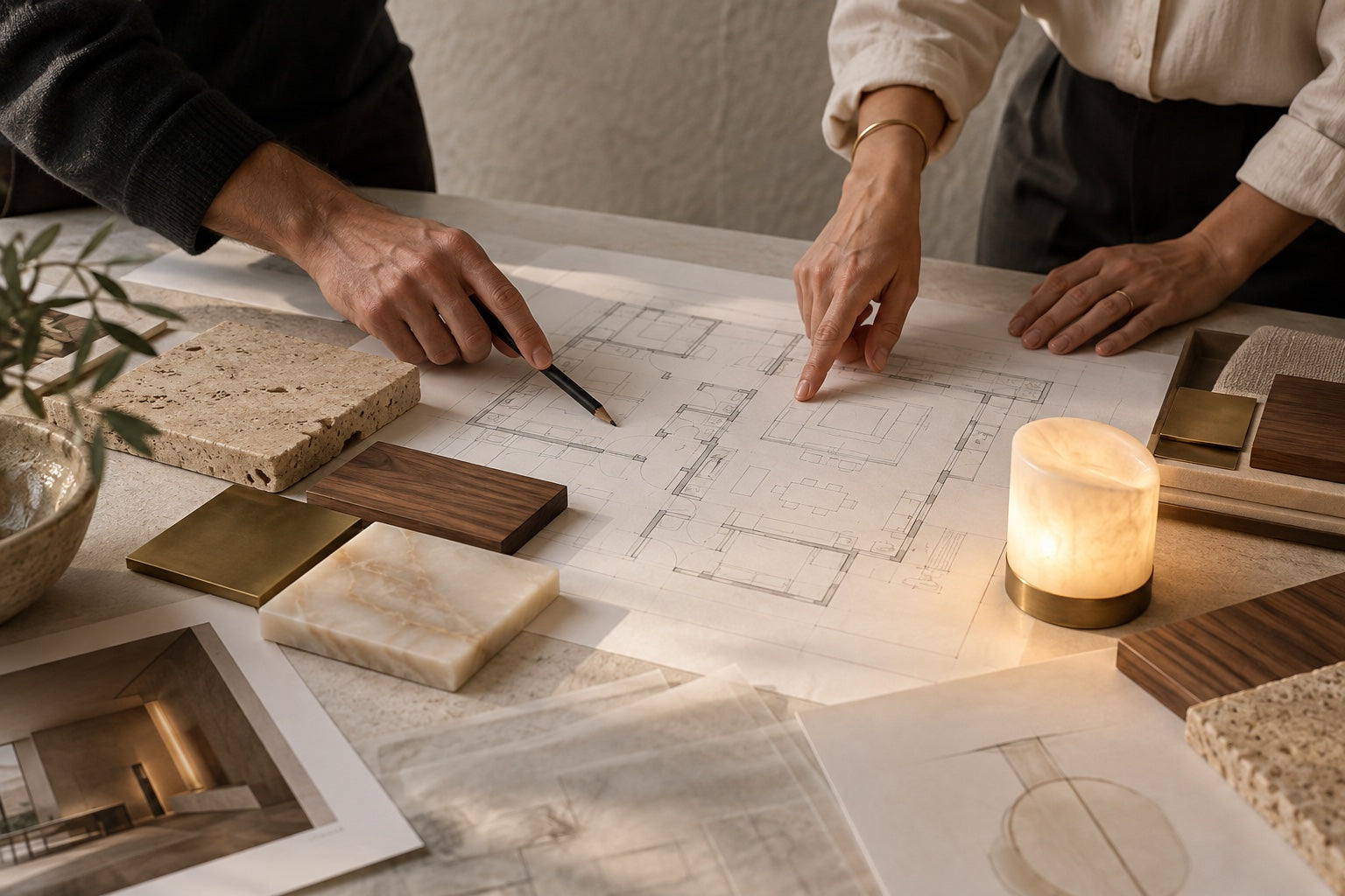 Architectes étudiant un plan avec des échantillons de matières