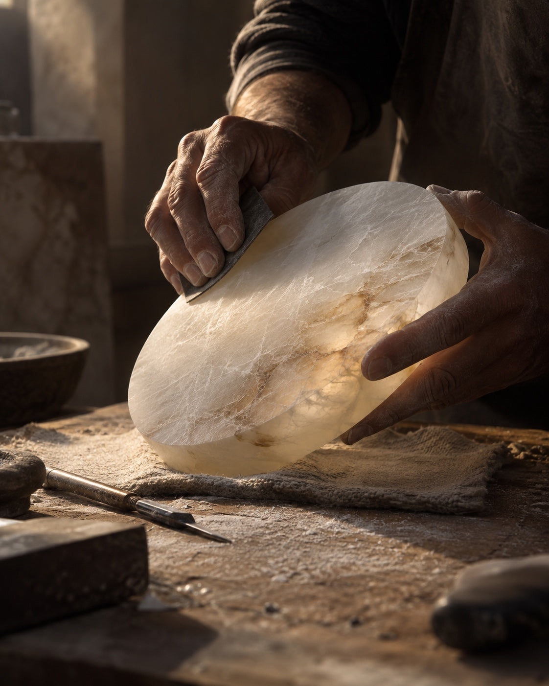 Travail artisanal d’une pièce minérale translucide