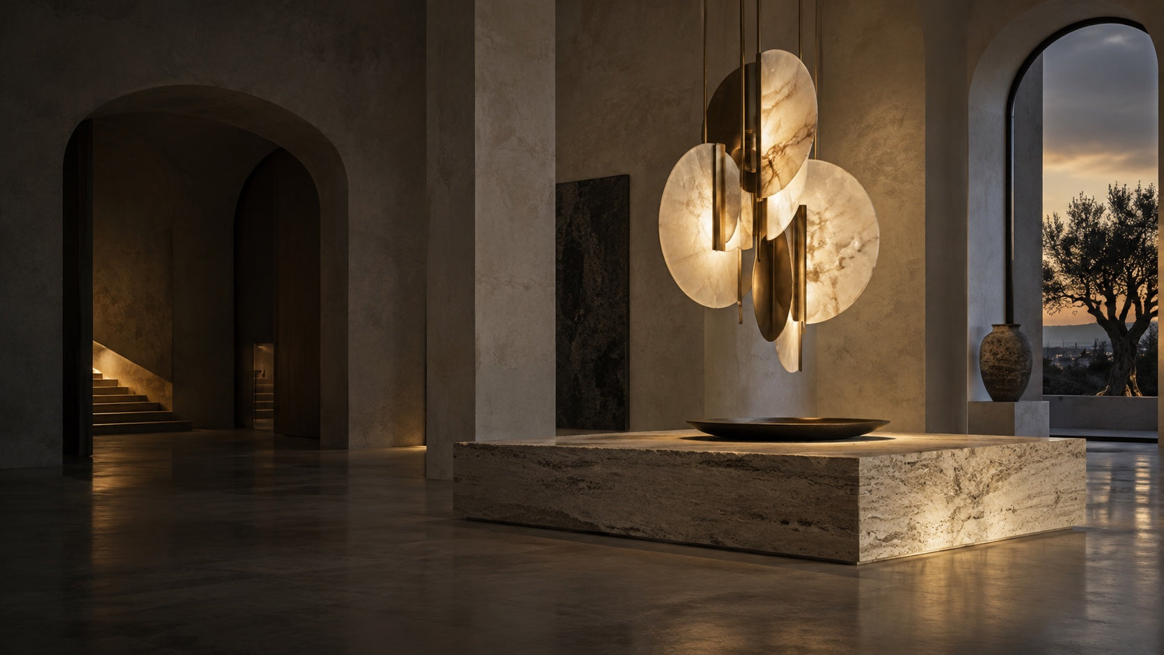 Intérieur architectural éclairé par une suspension sculpturale