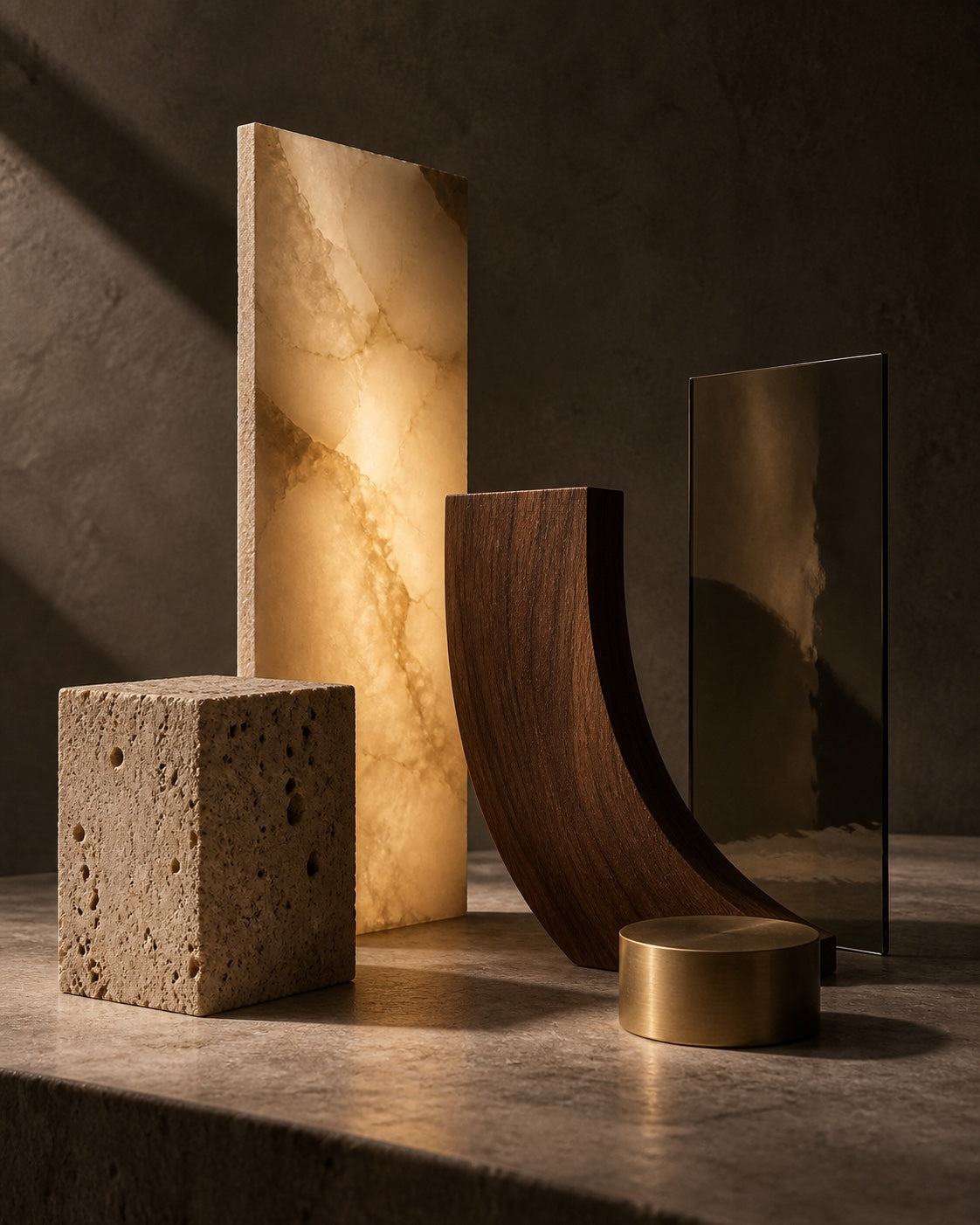 Étude de matières minérales, bois, verre et laiton