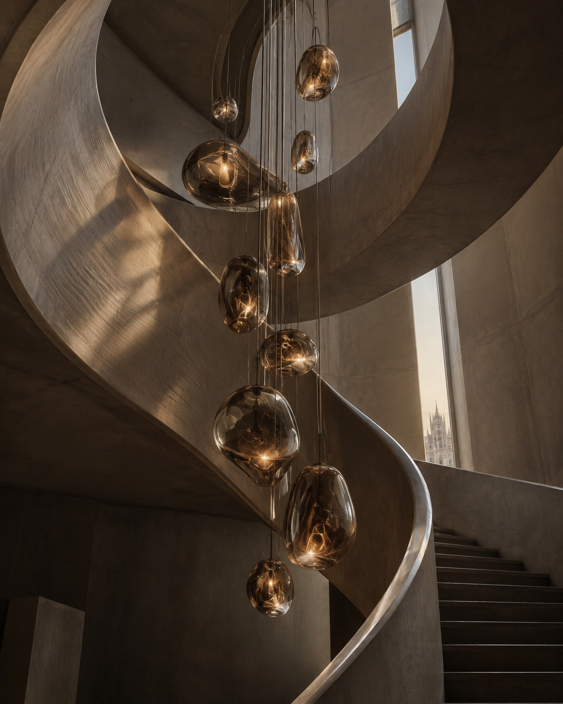 Installation lumineuse dans un escalier sculptural